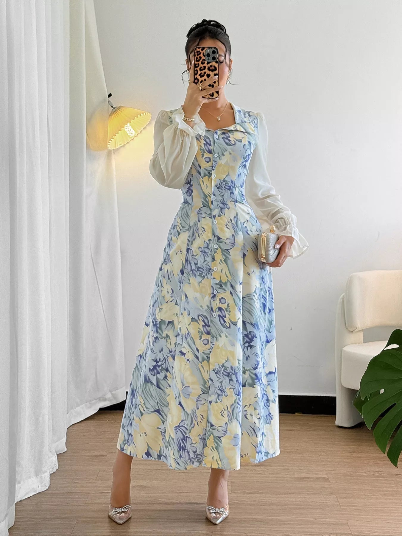 Floral Print Sheer Flounce Sleeves Dress - Tigbul's Variety Fashion Shop