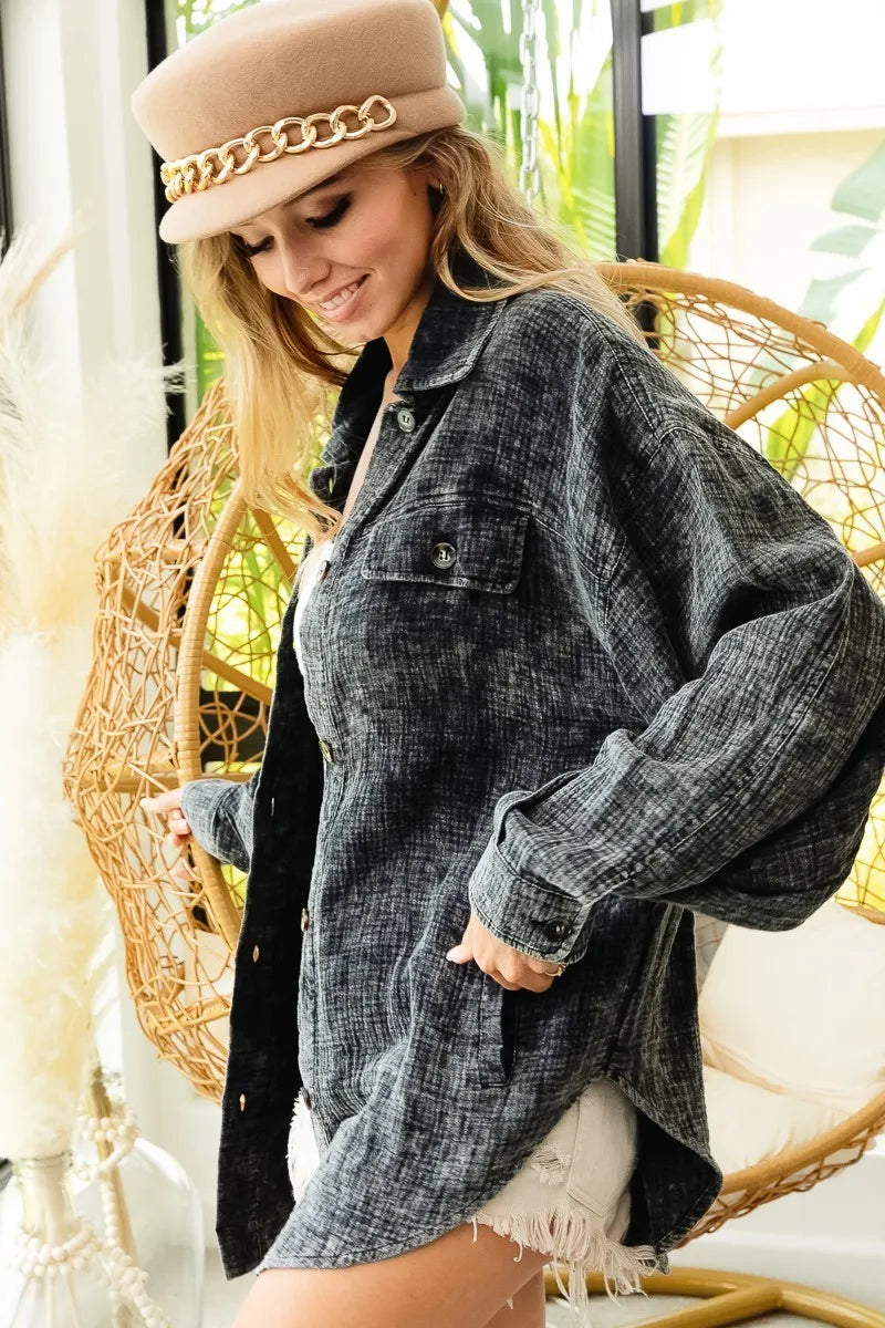 BiBi Vintage Washed Wrinkle Gauze Shacket - Tigbul's Variety Fashion Shop