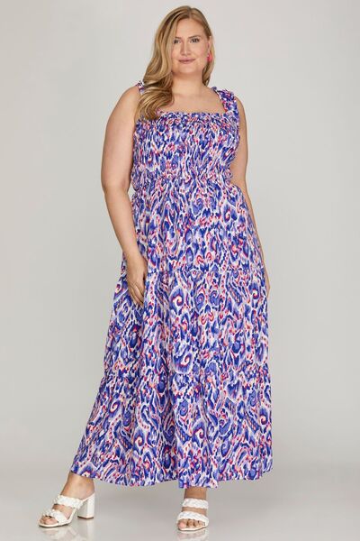 Royal Blue Smocked Printed Wide Strap Tiered Dress - Tigbul's Variety Fashion Shop
