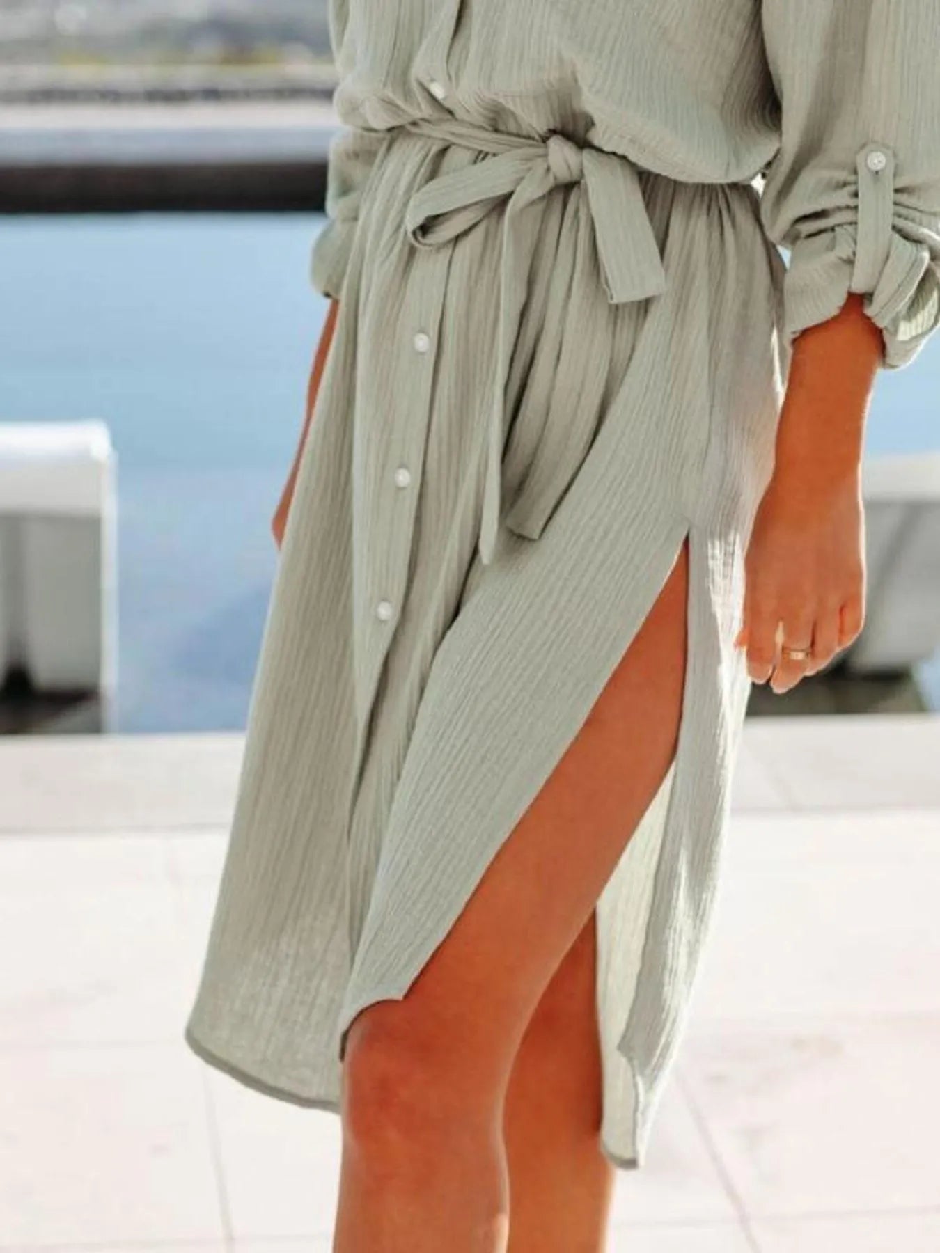 Button Down Tie Waist Shirt Dress - Tigbul's Variety Fashion Shop