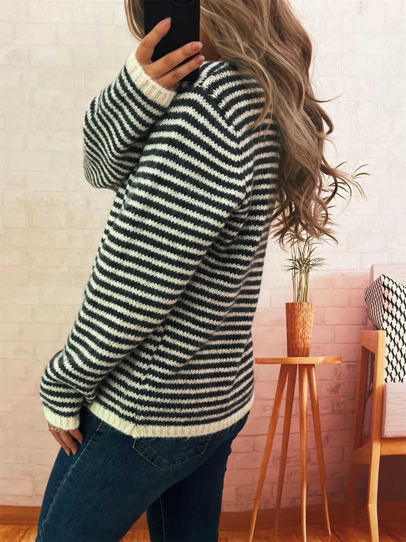 Striped Button Detail Long Sleeve Sweater - Tigbul's Variety Fashion Shop