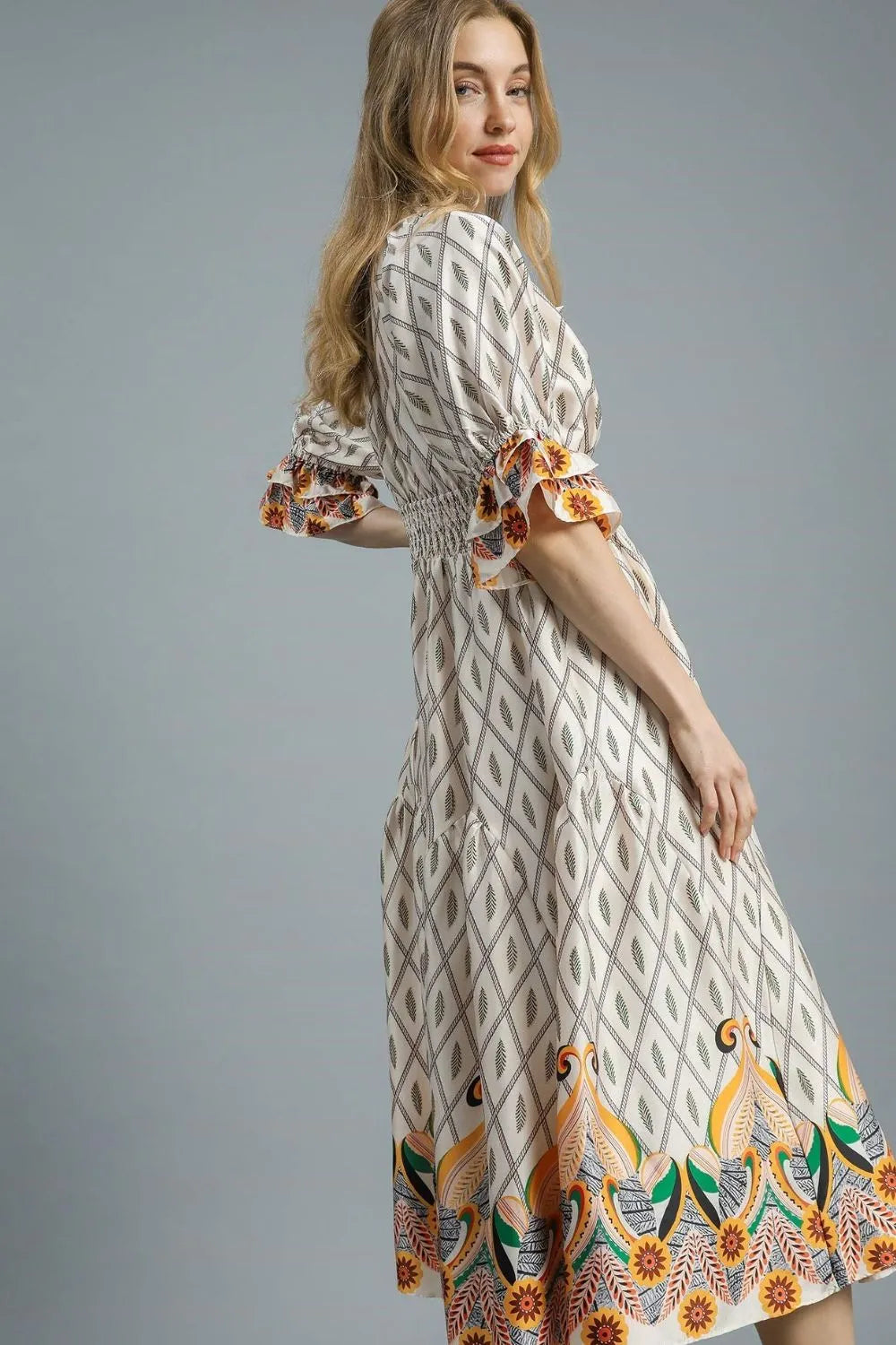 Umgee Printed Smocked Waist Flounce Sleeve Midi Dress - Tigbul's Variety Fashion Shop