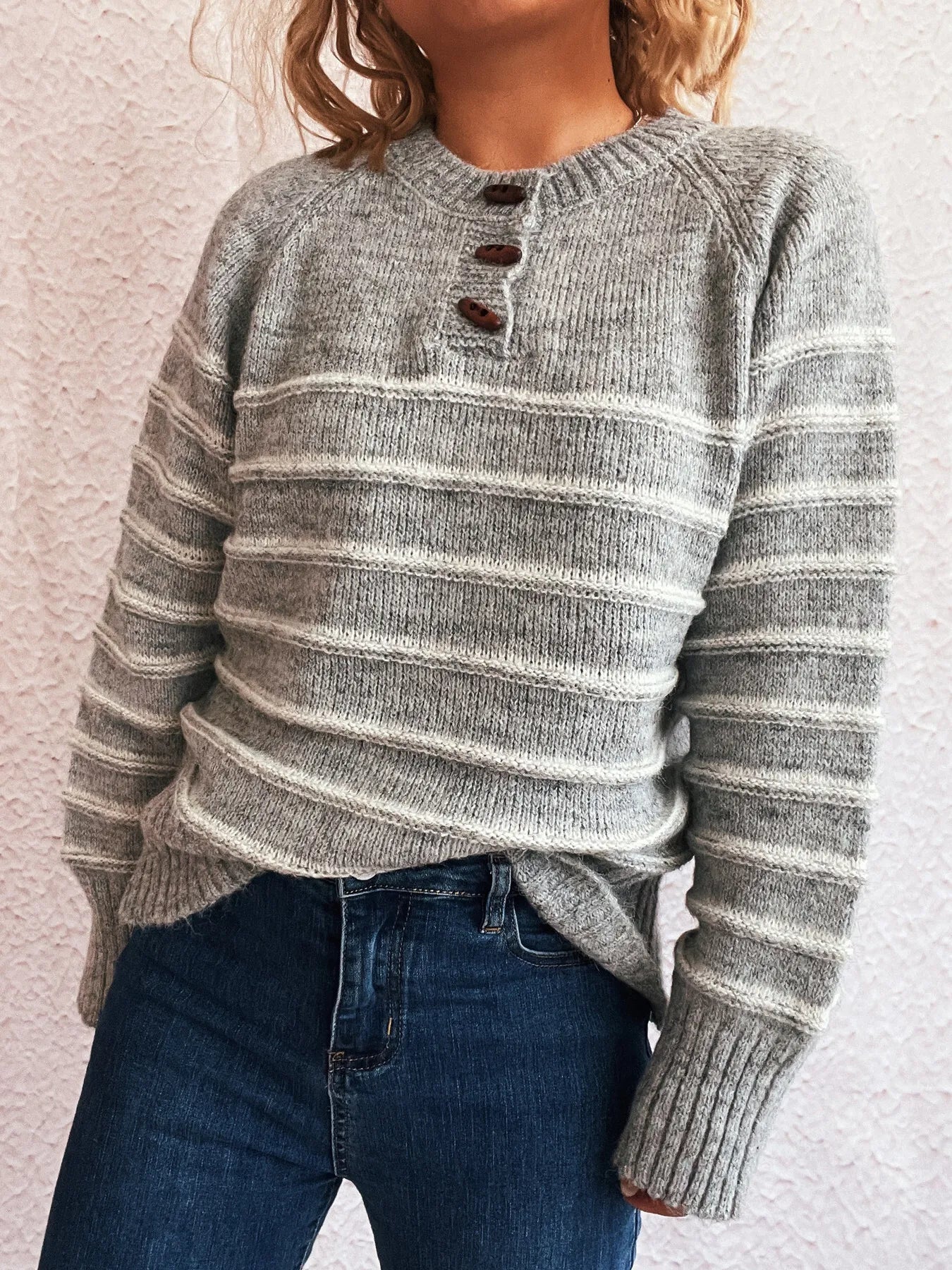 Striped Button Detail Long Sleeve Sweater - Tigbul's Variety Fashion Shop