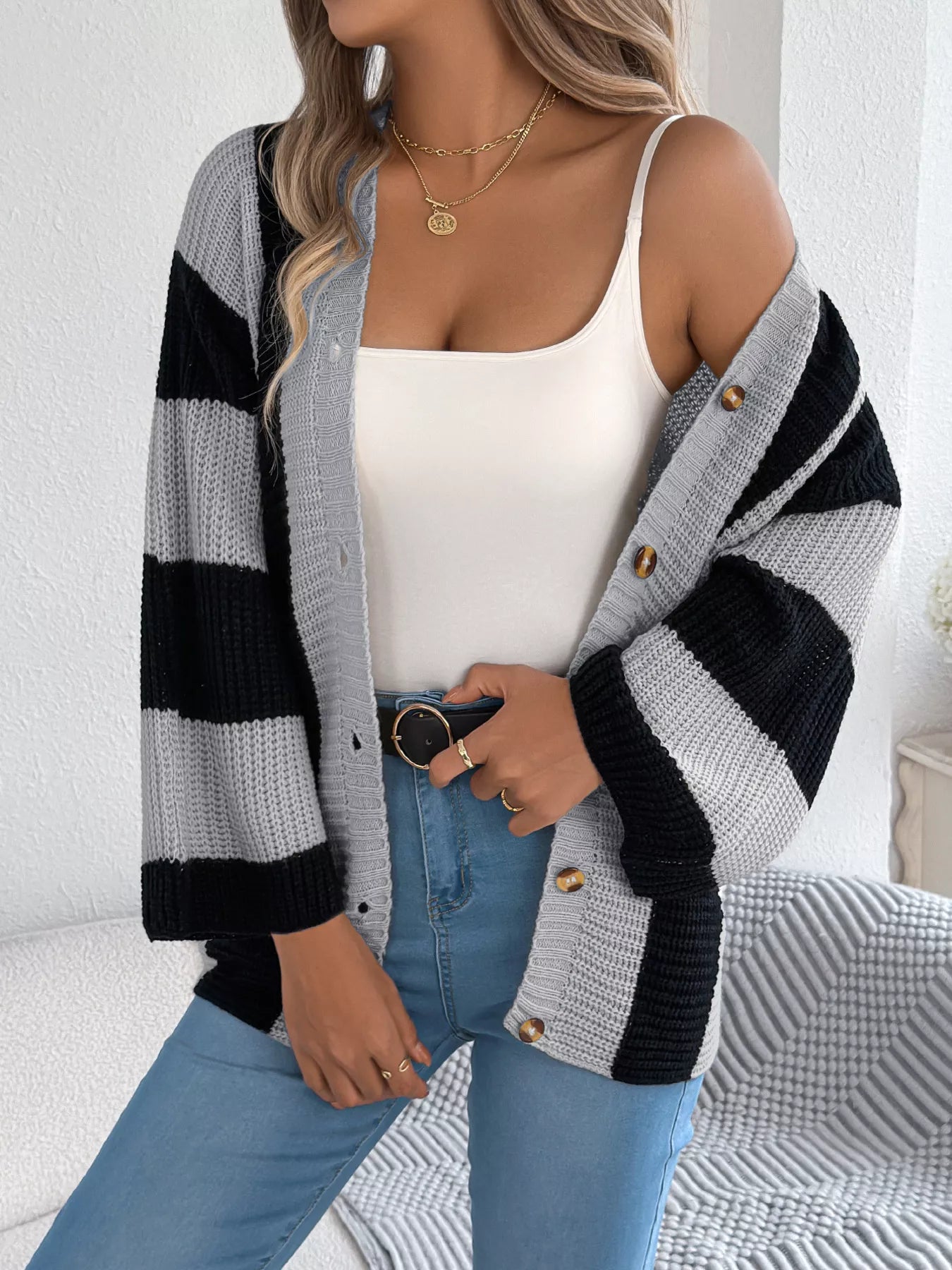 Color Block Button-Up Cardigan - Tigbul's Variety Fashion Shop