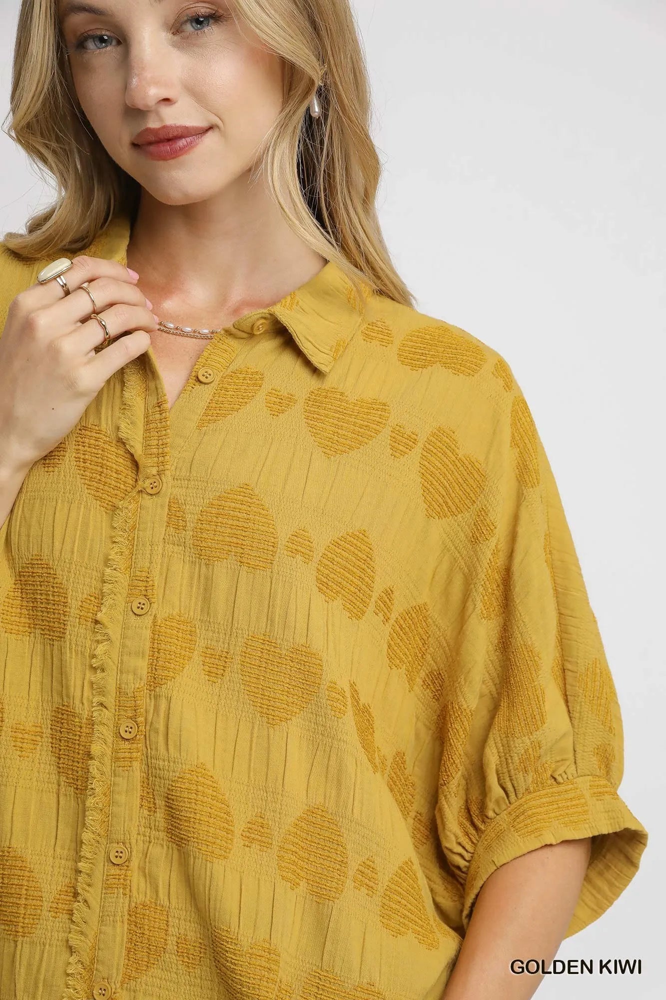Umgee Jacquard Heart Collared Shirt - Tigbul's Variety Fashion Shop