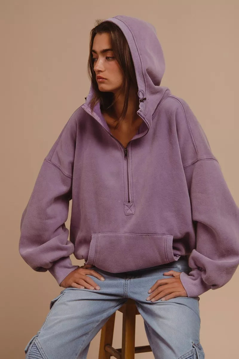 BiBi Stitch Detailed Elastic Hem Half Zip Fleece Hoodie - Tigbul's Variety Fashion Shop