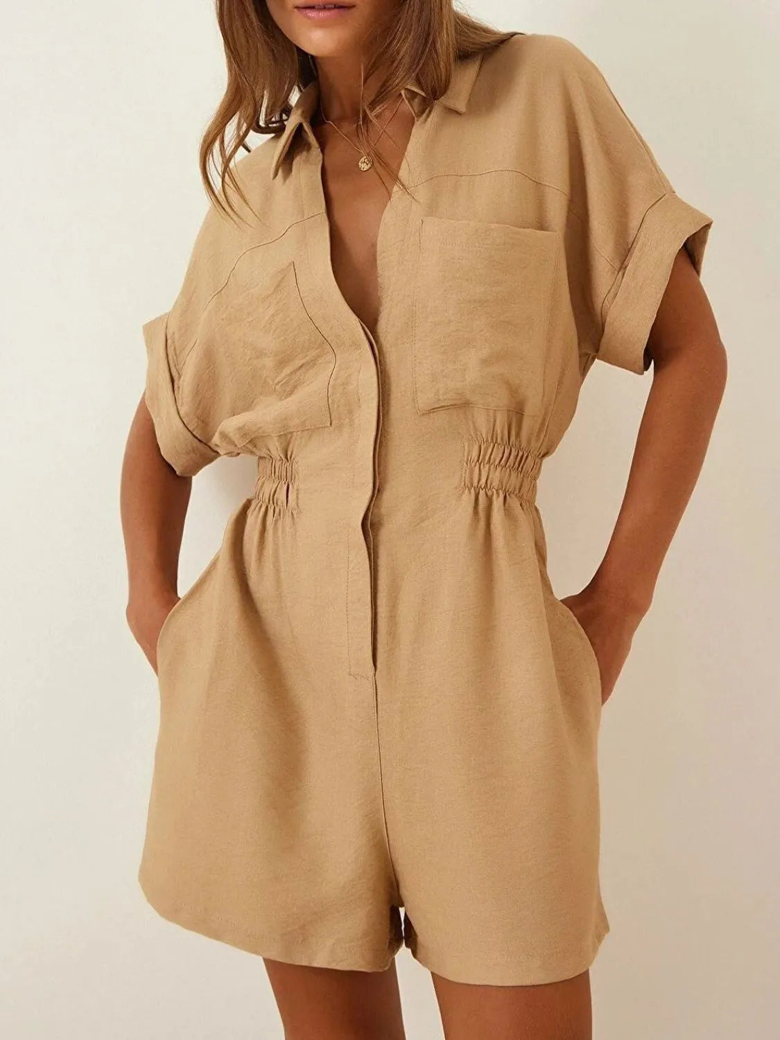 Johnny Collar Short Sleeve Romper - Tigbul's Variety Fashion Shop