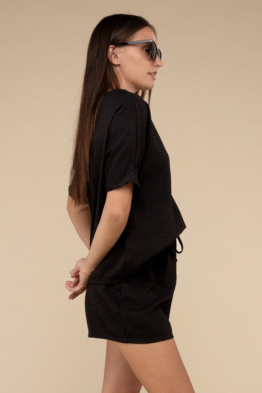 Waffle Round Neck Top and Short Set - Tigbul's Variety Fashion Shop