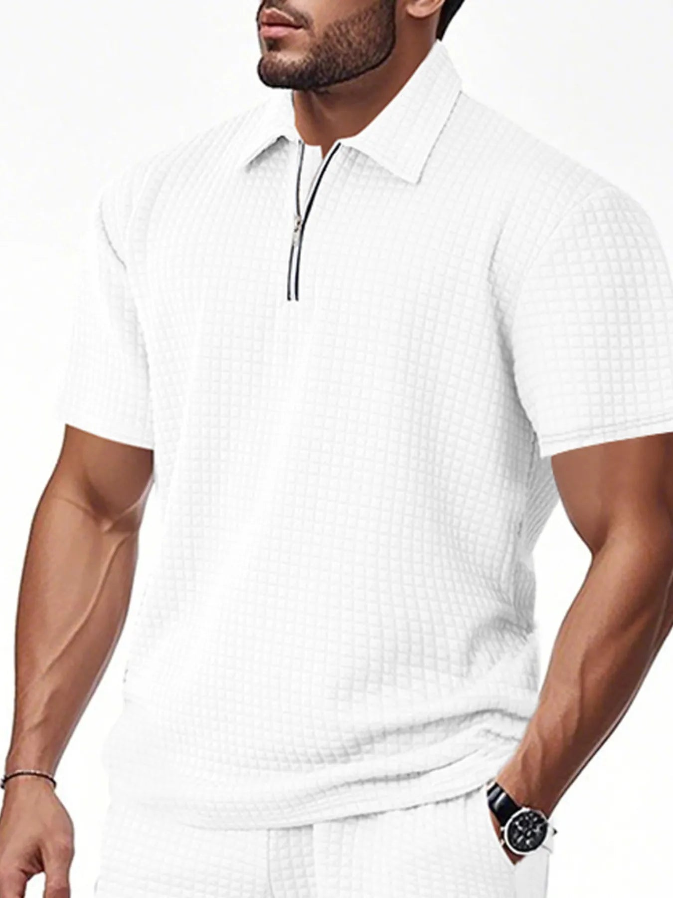 Men's Full Size Waffle Short Sleeve Polo with Zipper Detail Plus Size - Tigbul's Variety Fashion Shop