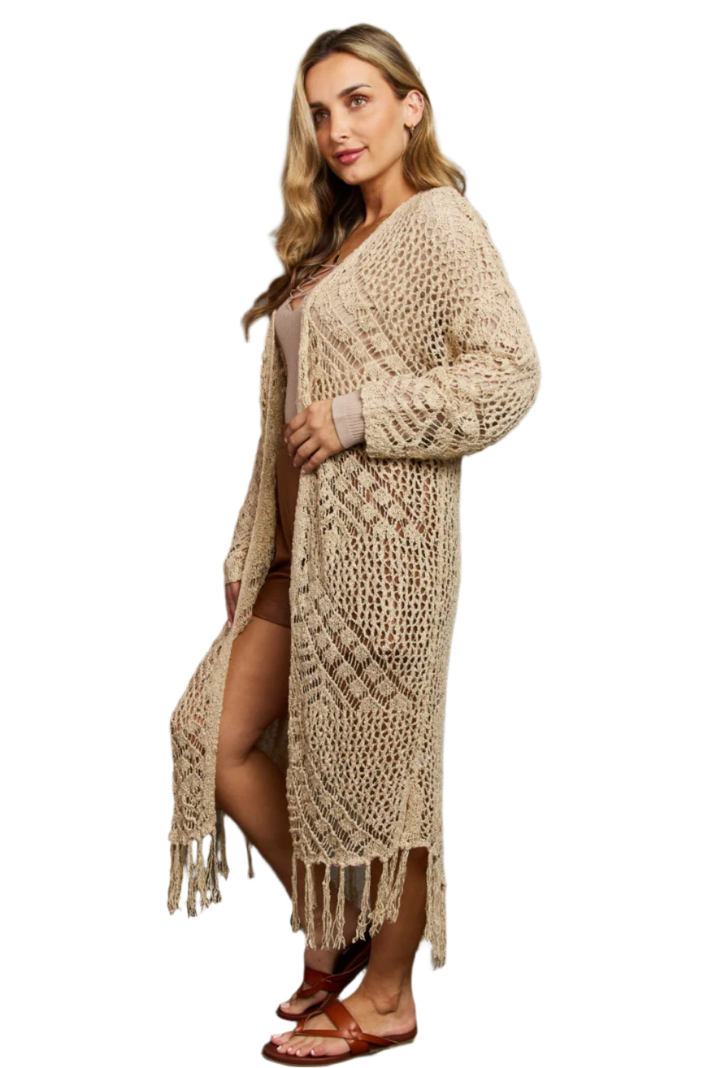 Beige Boho Plus Size 1XL Western Knit Fringe Cardigan - Tigbul's Variety Fashion Shop