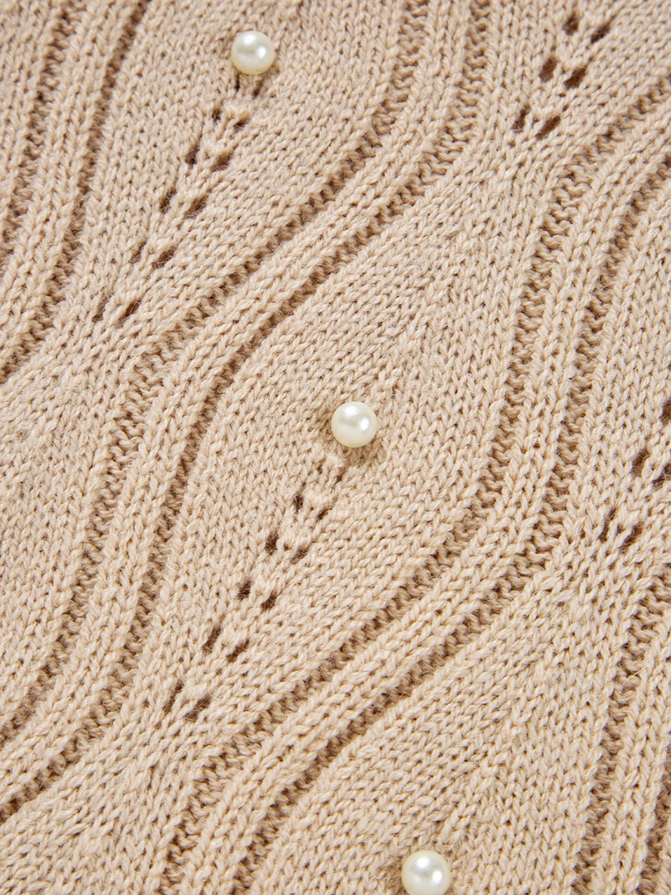 Pearl Beaded Pointelle Knit V Neck Lace Patchwork Sleeve Sweater - Tigbul's Variety Fashion Shop