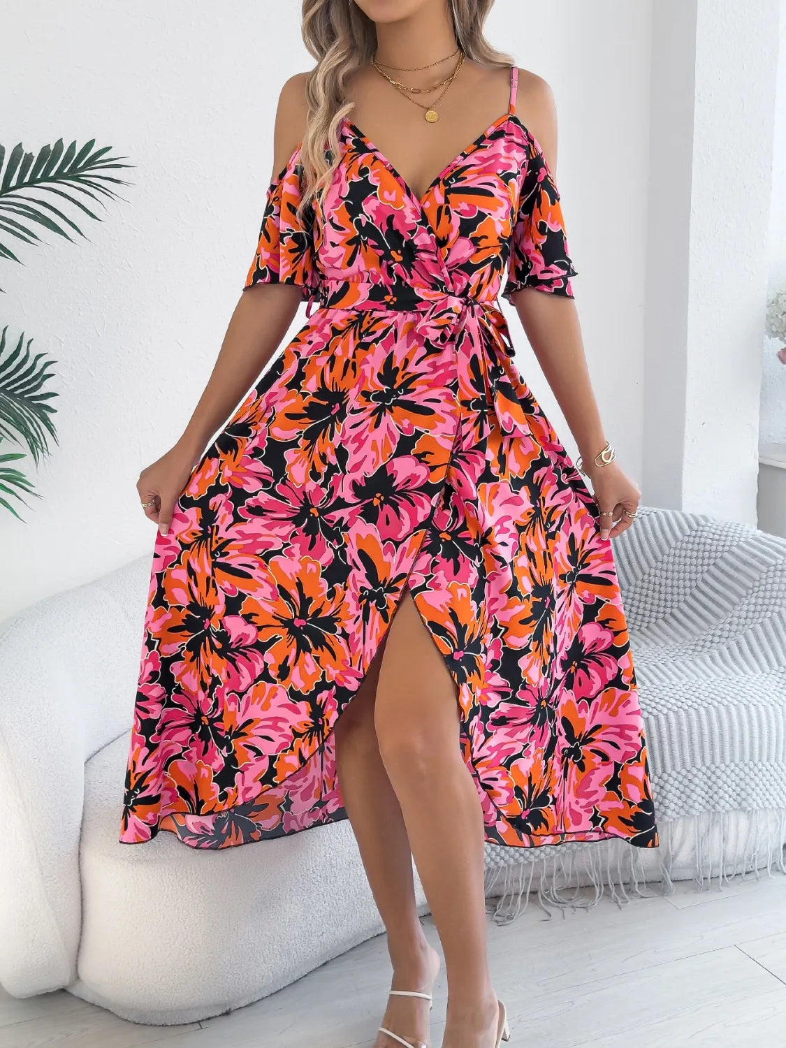 Printed Cold Shoulder Midi Cami Dress - Tigbul's Variety Fashion Shop