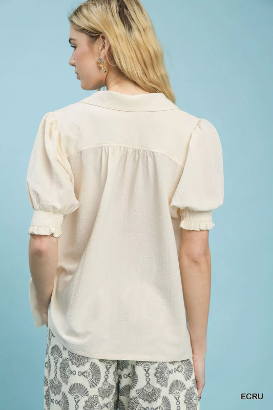Umgee Seersucker Puff Sleeve Blouse - Tigbul's Variety Fashion Shop