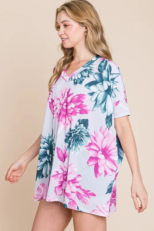 Floral V-Neck Short Sleeve T-Shirt - Tigbul's Variety Fashion Shop