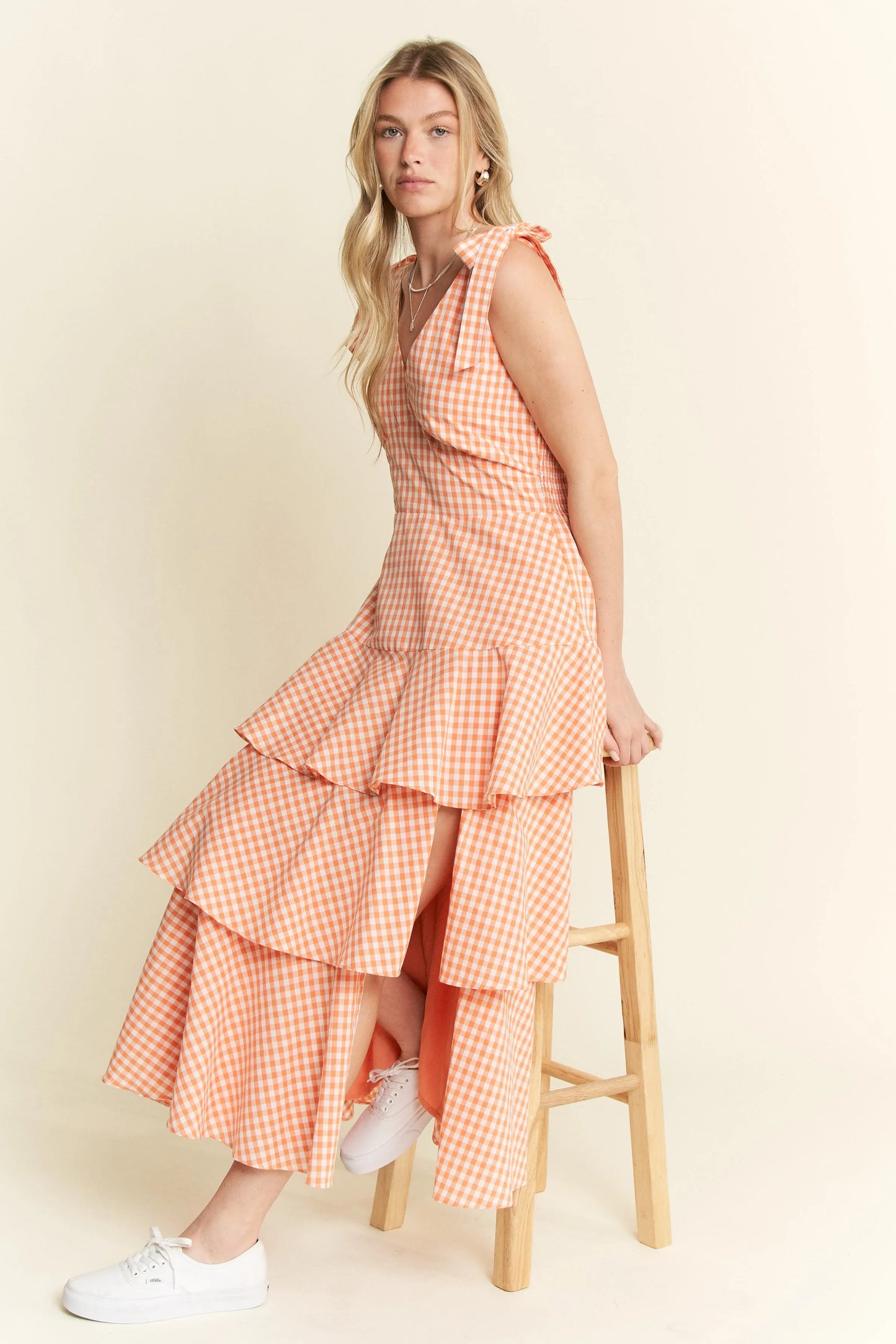 Orange Sleeveless Gingham Print Tiered Midi Dress - Tigbul's Variety Fashion Shop