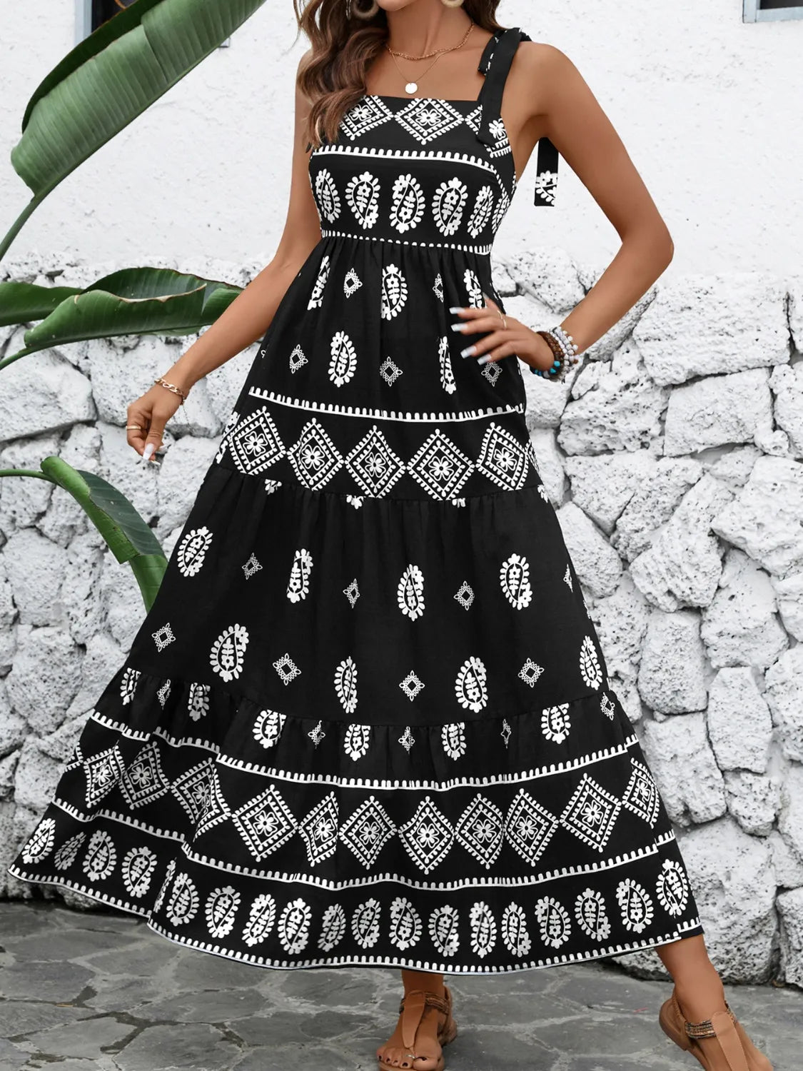 Black Printed Square Neck Maxi Cami Dress - Tigbul's Variety Fashion Shop