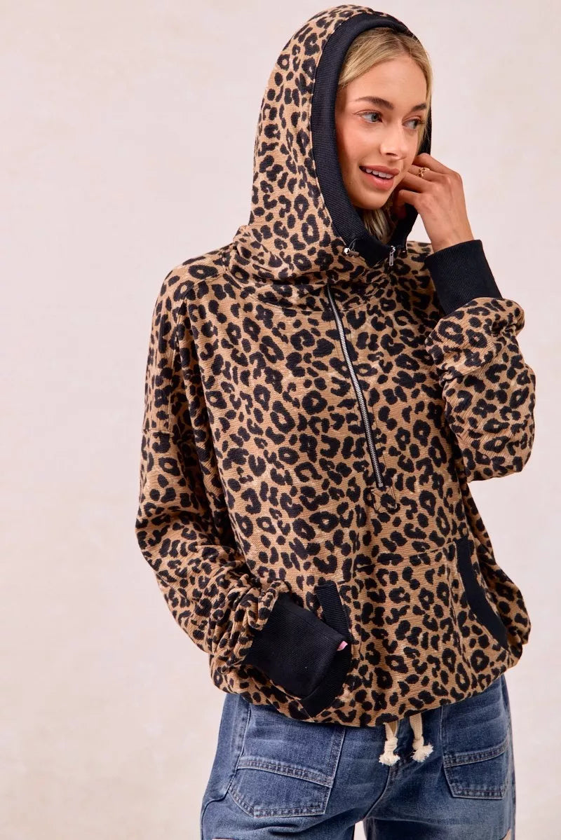BiBi Leopard Print Waffle Half Zip Up Hoodie W Pocket - Tigbul's Variety Fashion Shop