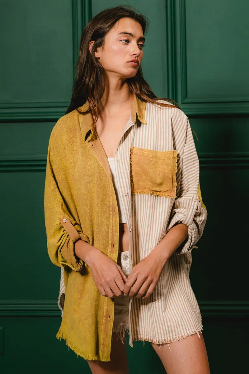 Washed Raw Hem Shirt - Tigbul's Variety Fashion Shop