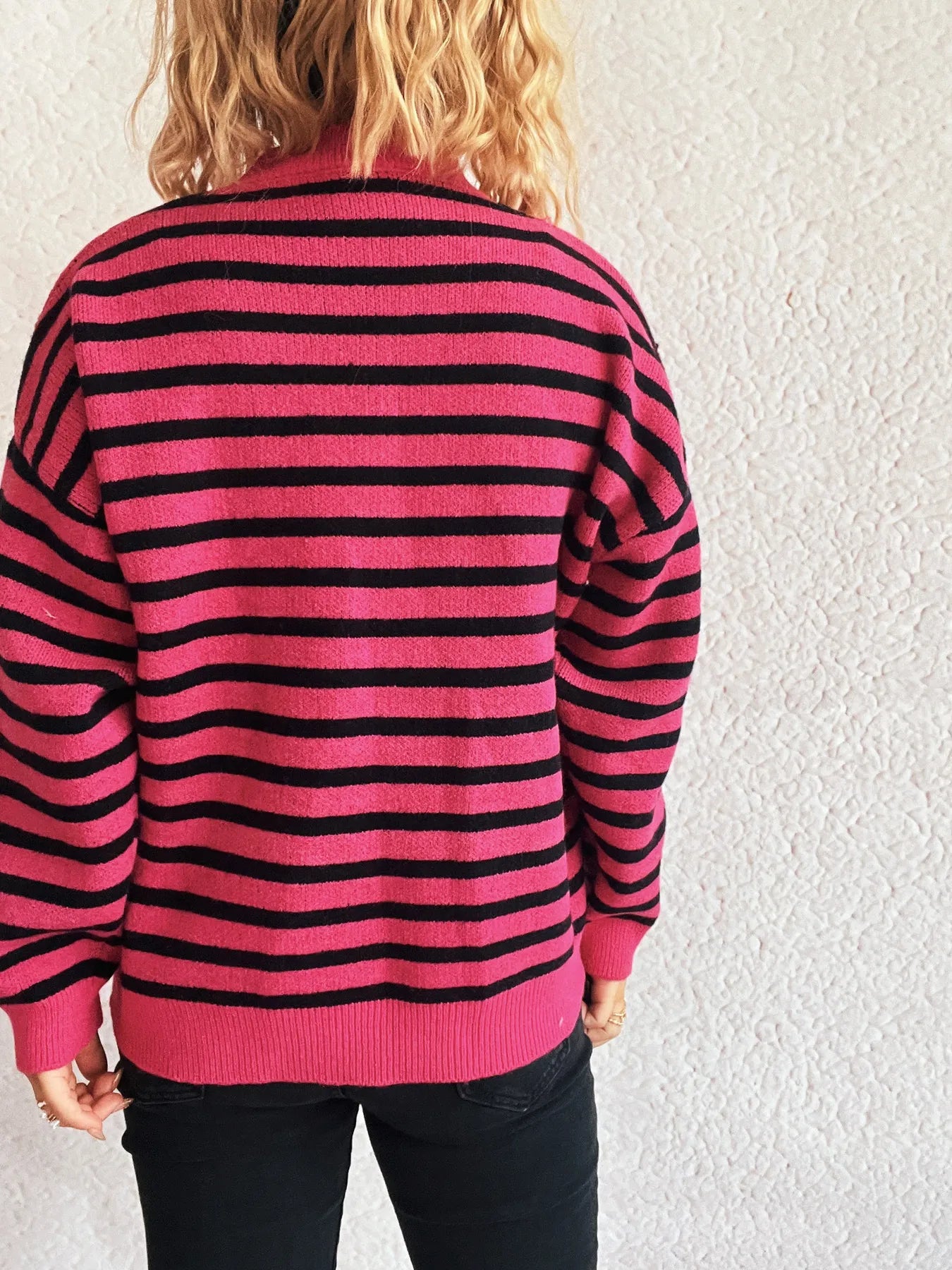 Striped Mock Neck Long Sleeve Sweater - Tigbul's Variety Fashion Shop