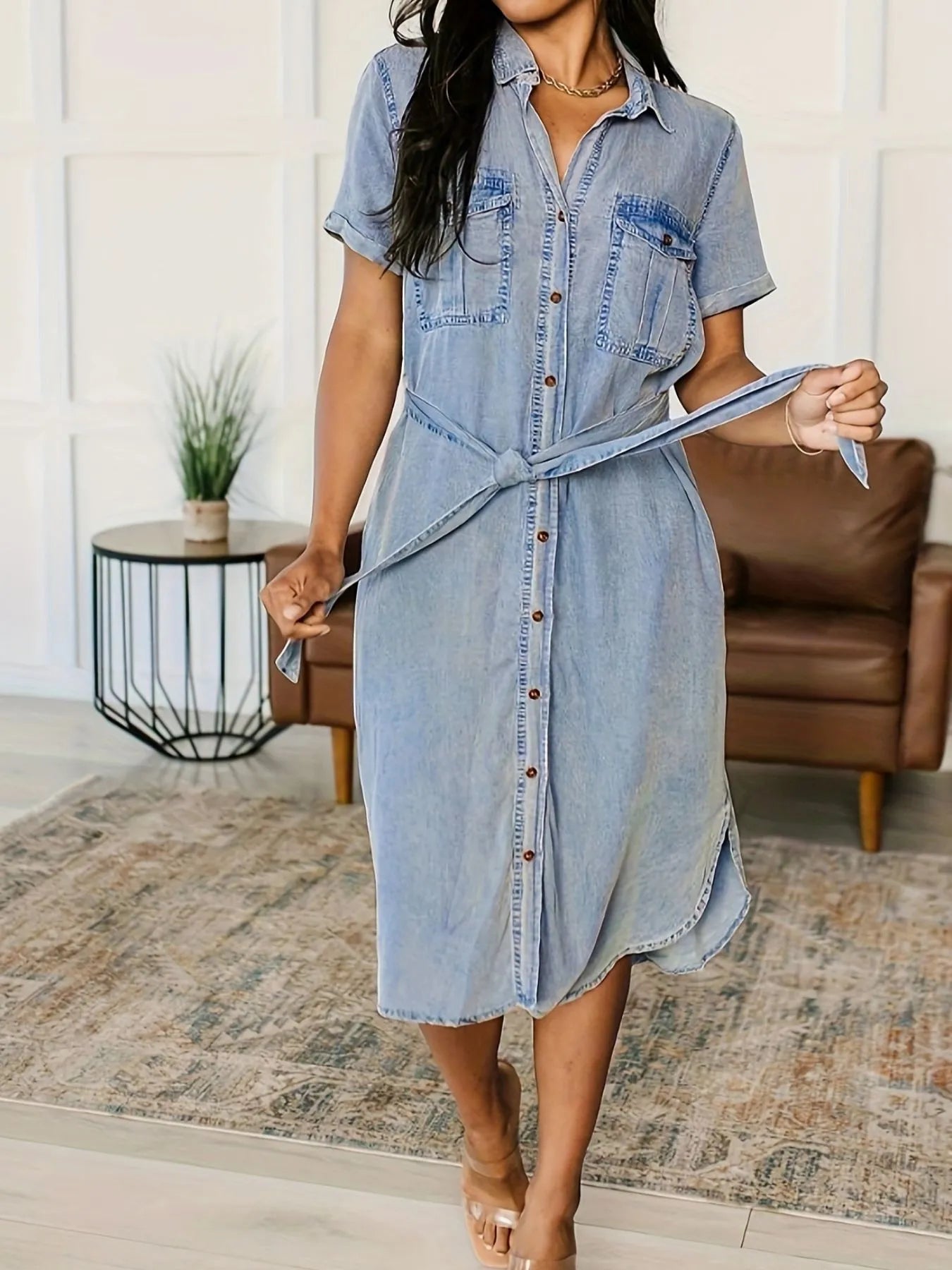 Button Front Short Sleeve Denim Dress - Tigbul's Variety Fashion Shop