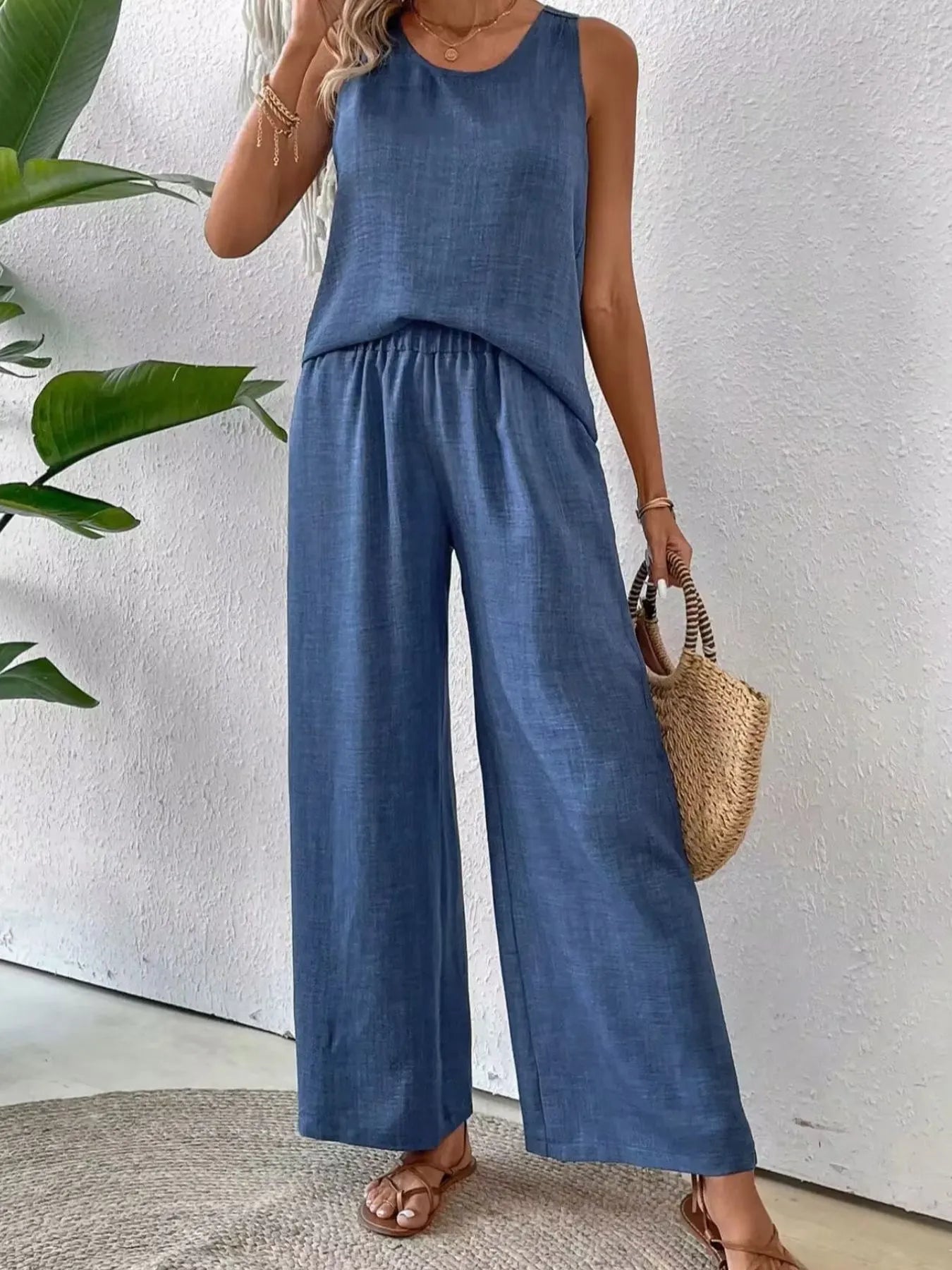 Round Neck Tank and Wide Leg Pants Set - Tigbul's Variety Fashion Shop