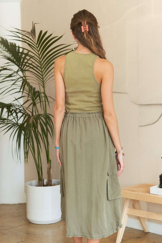 Lt. Olive Drawstring Sleeveless Washed Dress - Tigbul's Variety Fashion Shop