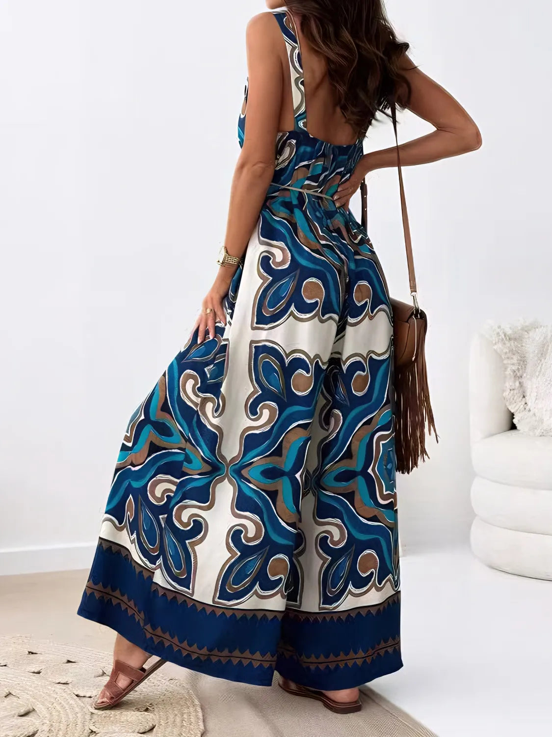 Printed V-Neck Wide Leg Jumpsuit - Tigbul's Variety Fashion Shop