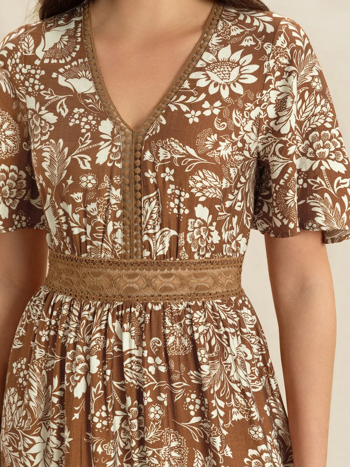 Brown Lace Detail Printed Short Sleeve Midi Dress - Tigbul's Variety Fashion Shop