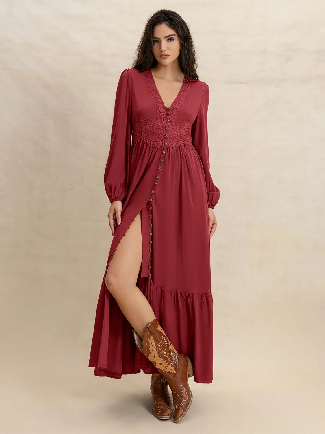 Burgundy V-Neck Balloon Sleeve Ruffled Hem Maxi Dress - Tigbul's Variety Fashion Shop