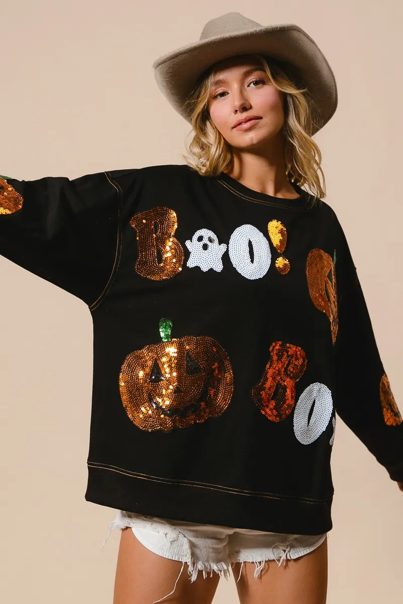 BiBi Halloween Theme Sequin Embroideries Sweatshirt - Tigbul's Variety Fashion Shop