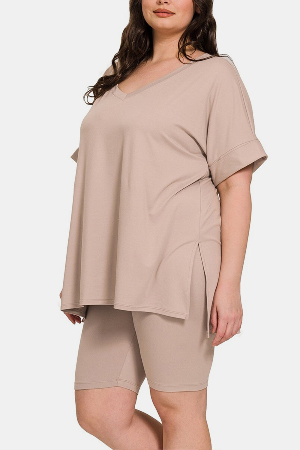 Mocha V-Neck Short Sleeve Slit T-Shirt and Shorts Set - Tigbul's Variety Fashion Shop