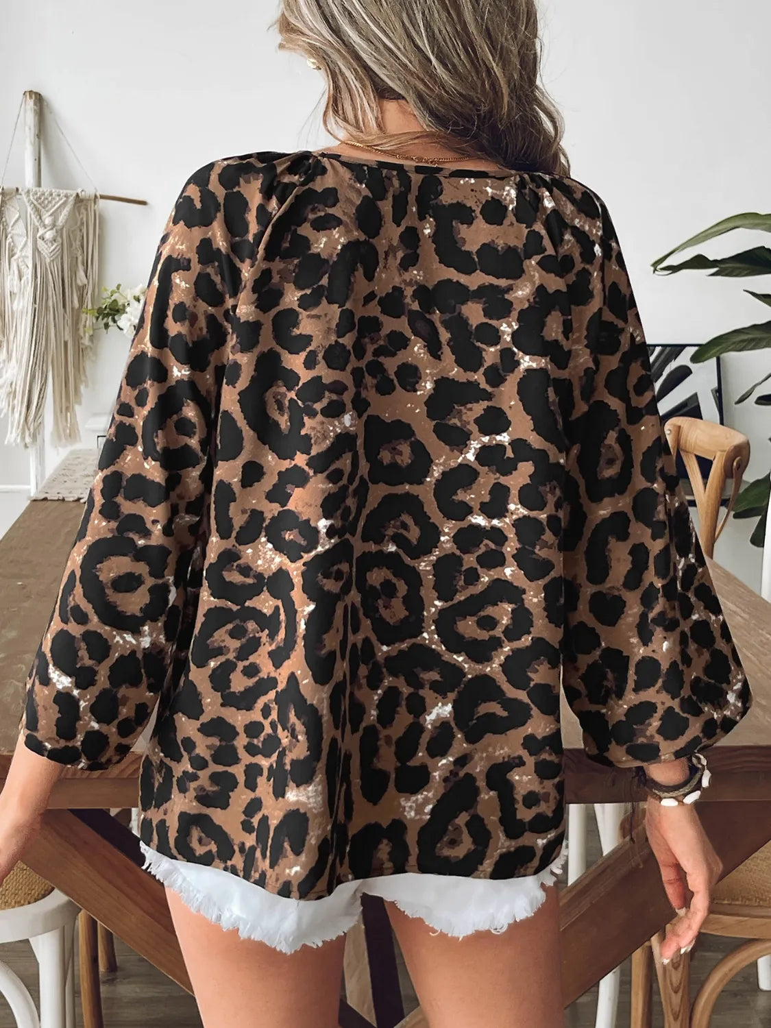 Oversized Leopard V-Neck Three-Quarter Sleeve Blouse - Tigbul's Variety Fashion Shop