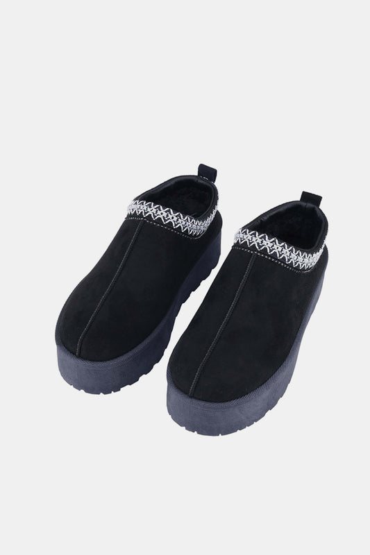 Platform Embroidered Trim Slip-On Boots - Tigbul's Variety Fashion Shop