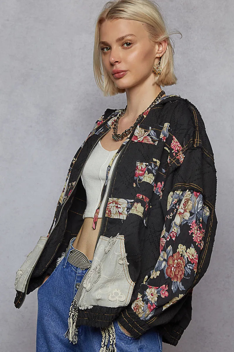POL Zip Up Floral and Lace Patch Washed Jacket - Tigbul's Variety Fashion Shop