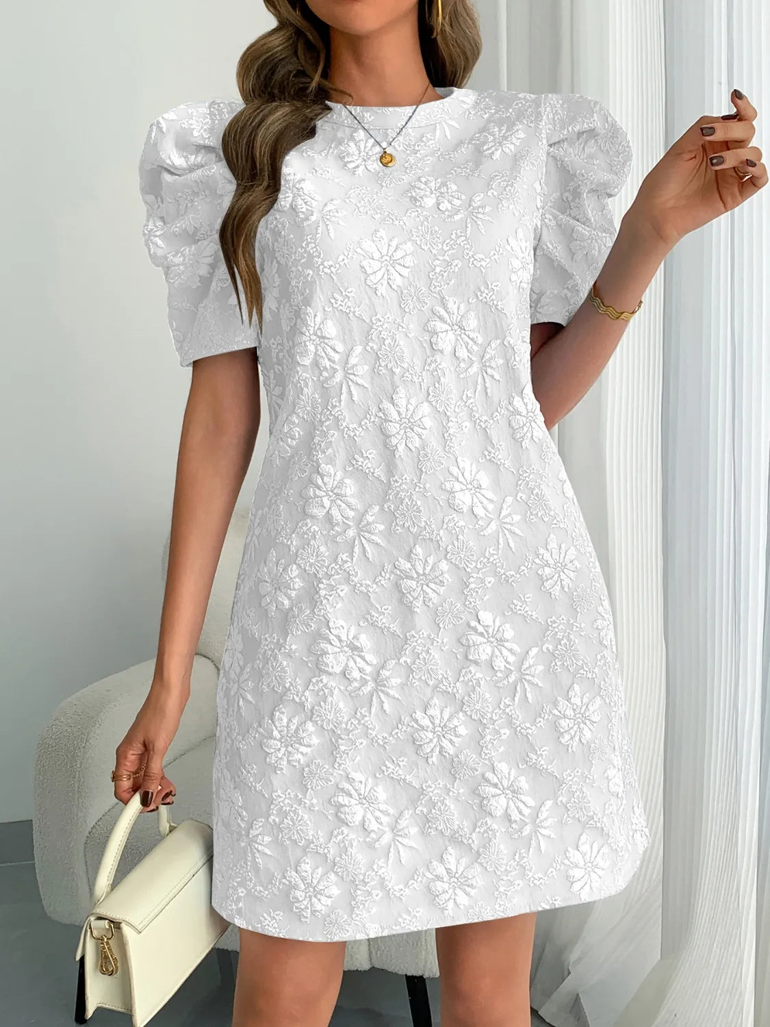 Round Neck Puff Short Sleeve Mini Dress - Tigbul's Variety Fashion Shop