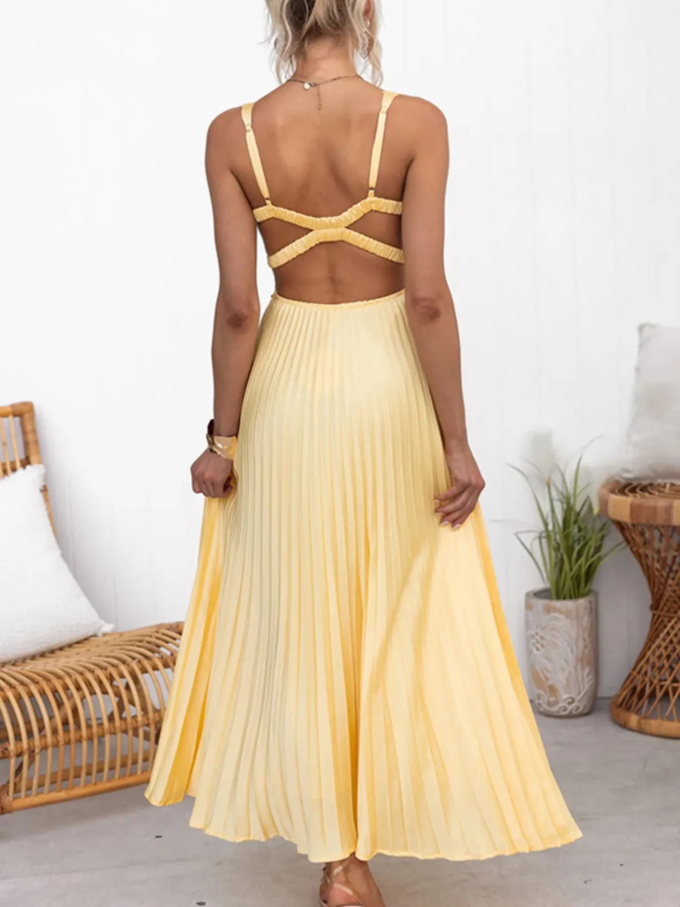 Pleated V-Neck Sleeveless Maxi Dress - Tigbul's Variety Fashion Shop
