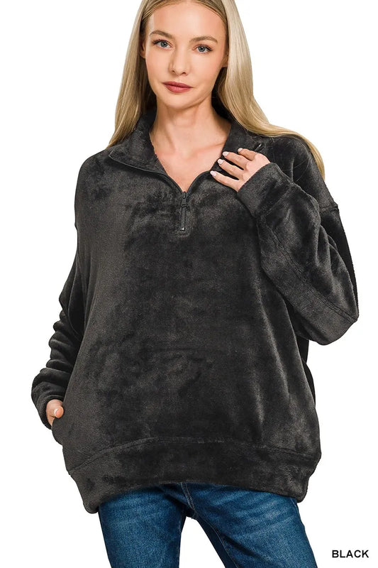 Zenana Faux Fur Half Zip Pocket Pullover - Tigbul's Variety Fashion Shop