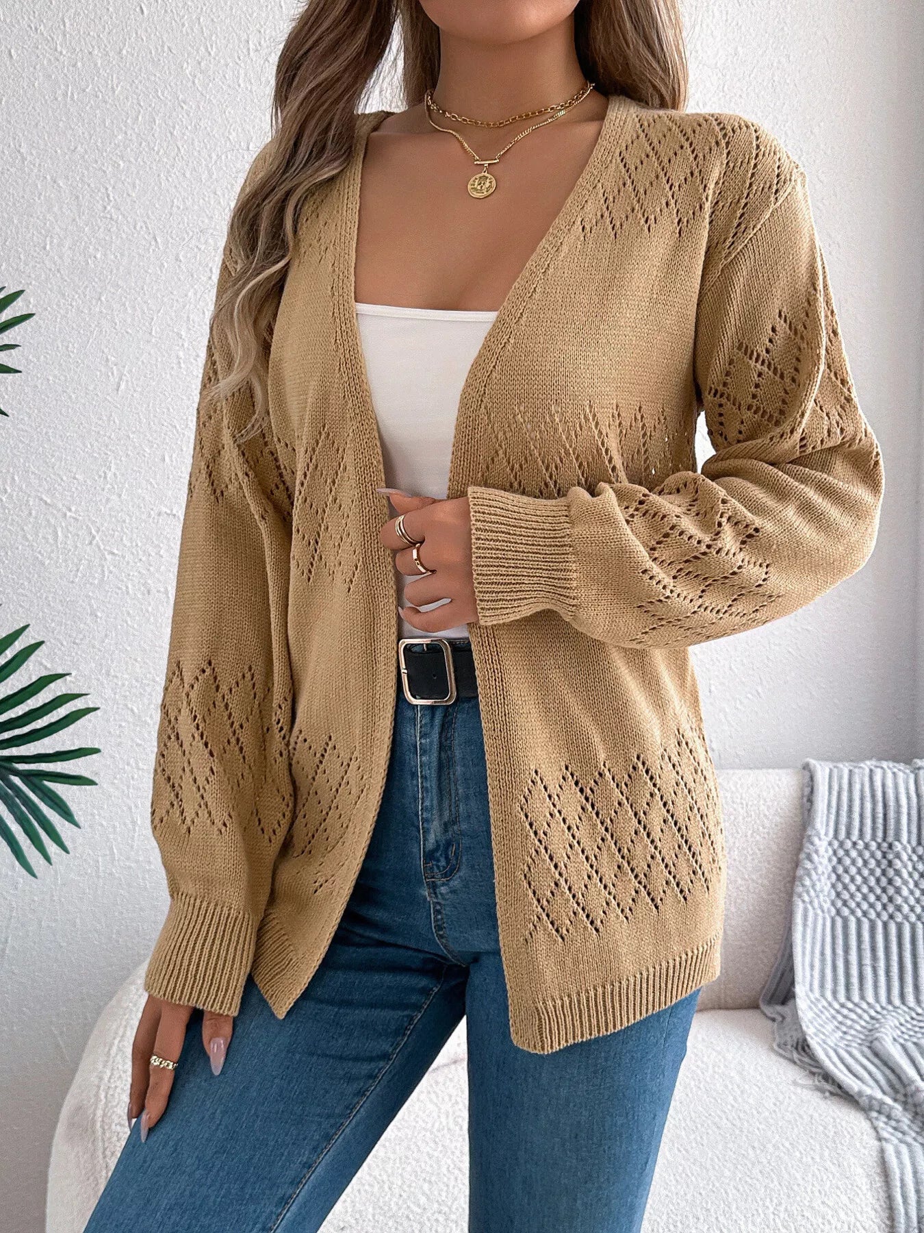 Openwork Open Front Long Sleeve Cardigan - Tigbul's Variety Fashion Shop