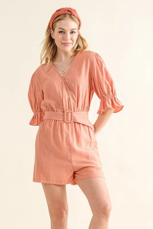 Flounce Sleeves Romper with Belt - Tigbul's Variety Fashion Shop