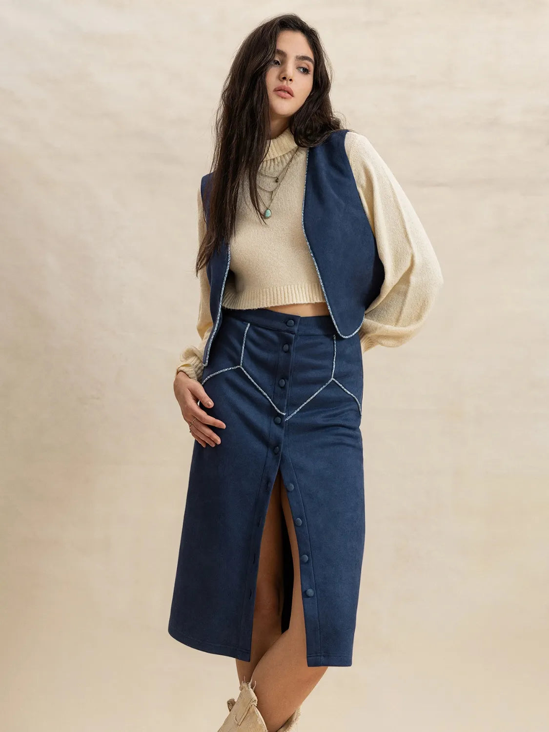 Open Front Vest and Buttoned Skirt Set - Tigbul's Variety Fashion Shop