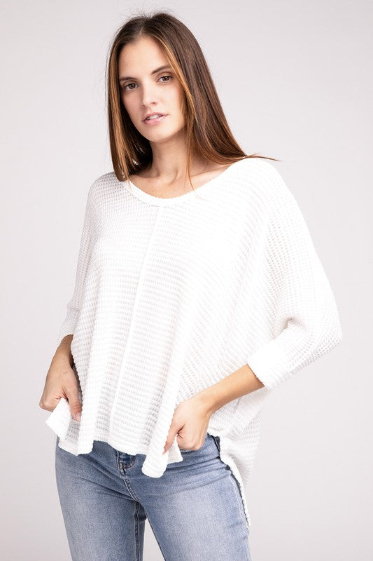 3/4 Sleeve V-Neck Hi-Low Hem Jacquard Sweater - Tigbul's Variety Fashion Shop