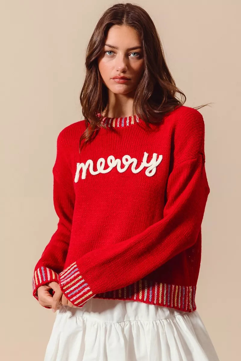 SO ME Merry Lettering Embroidered Christmas Sweater - Tigbul's Variety Fashion Shop