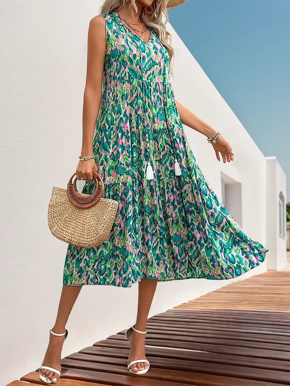 Tassel Printed Tie Neck Sleeveless Green Dress - Tigbul's Variety Fashion Shop