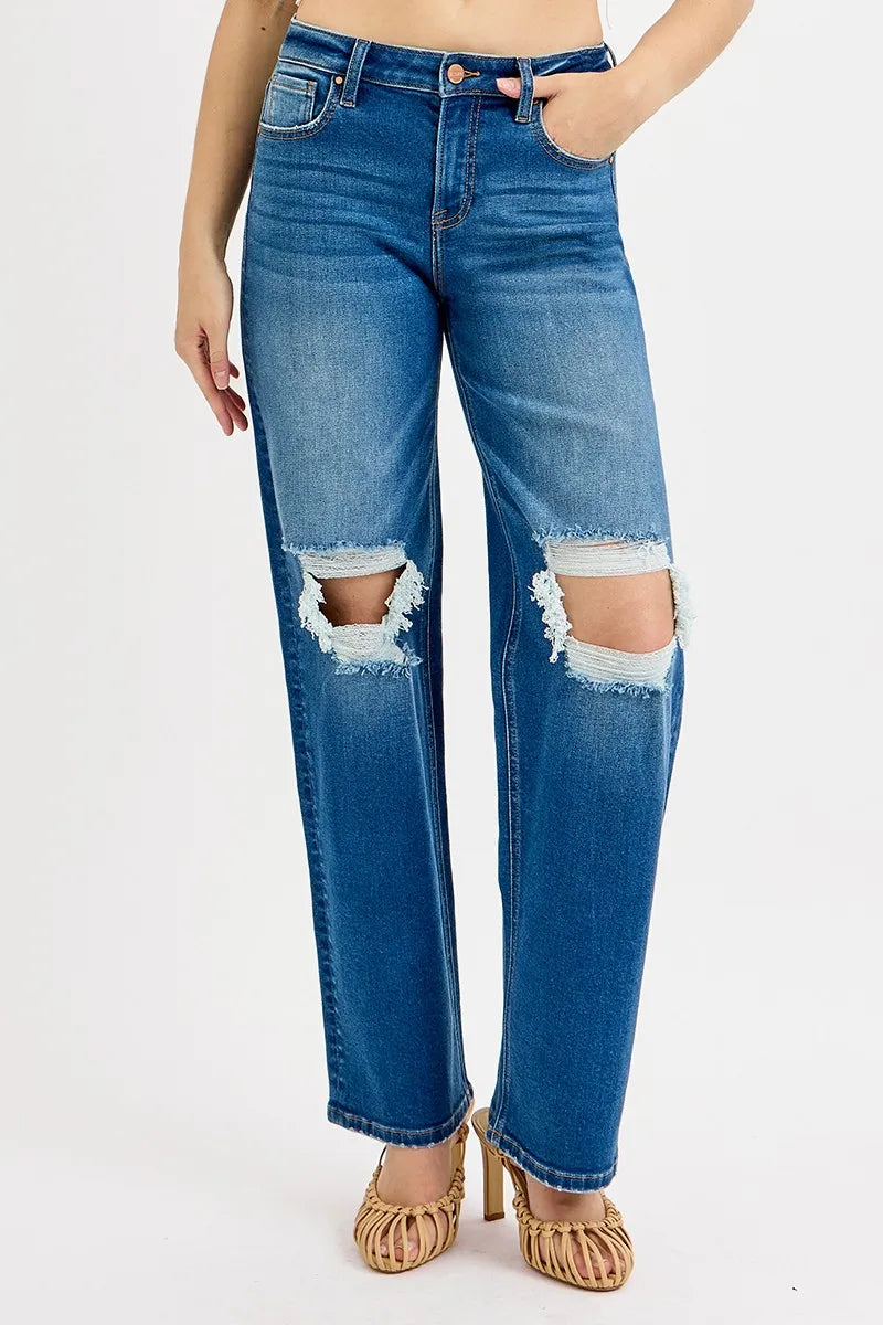 RISEN Full Size Mid Waist Fit Boyfriend Knee Distressed Jeans Plus Size - Tigbul's Variety Fashion Shop