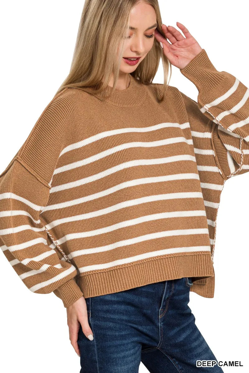 Zenana Exposed Seam Striped Oversized Sweater - Tigbul's Variety Fashion Shop