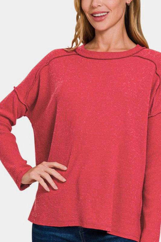 Red Exposed Seam Brushed Round Neck Sweater - Tigbul's Variety Fashion Shop
