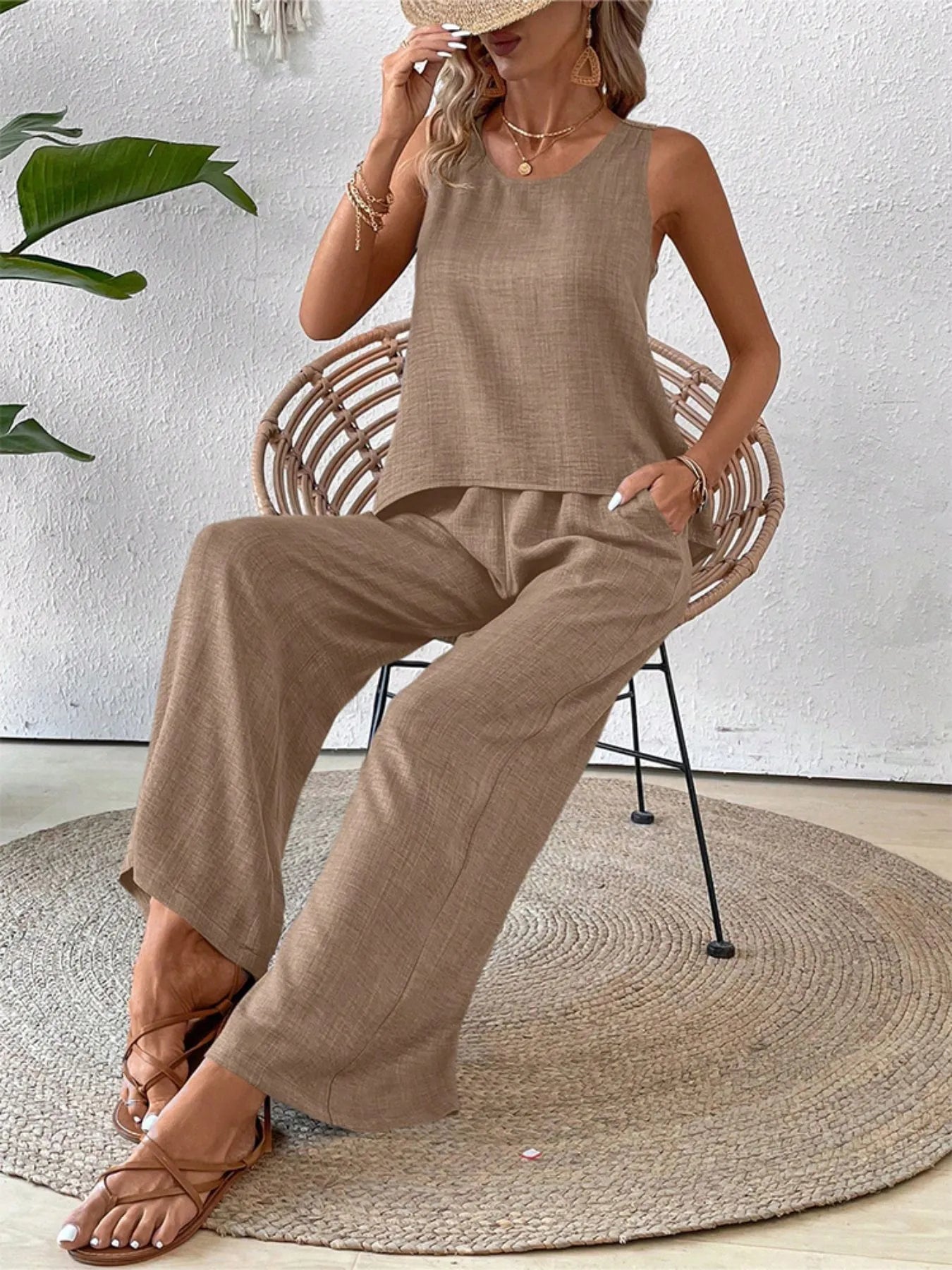 Round Neck Tank and Wide Leg Pants Set - Tigbul's Variety Fashion Shop