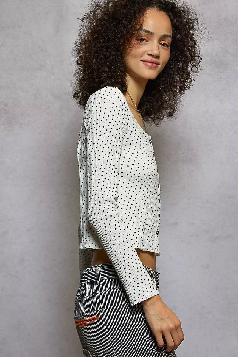 POL Button Down Polka Dot Ribbed Cardigan - Tigbul's Variety Fashion Shop