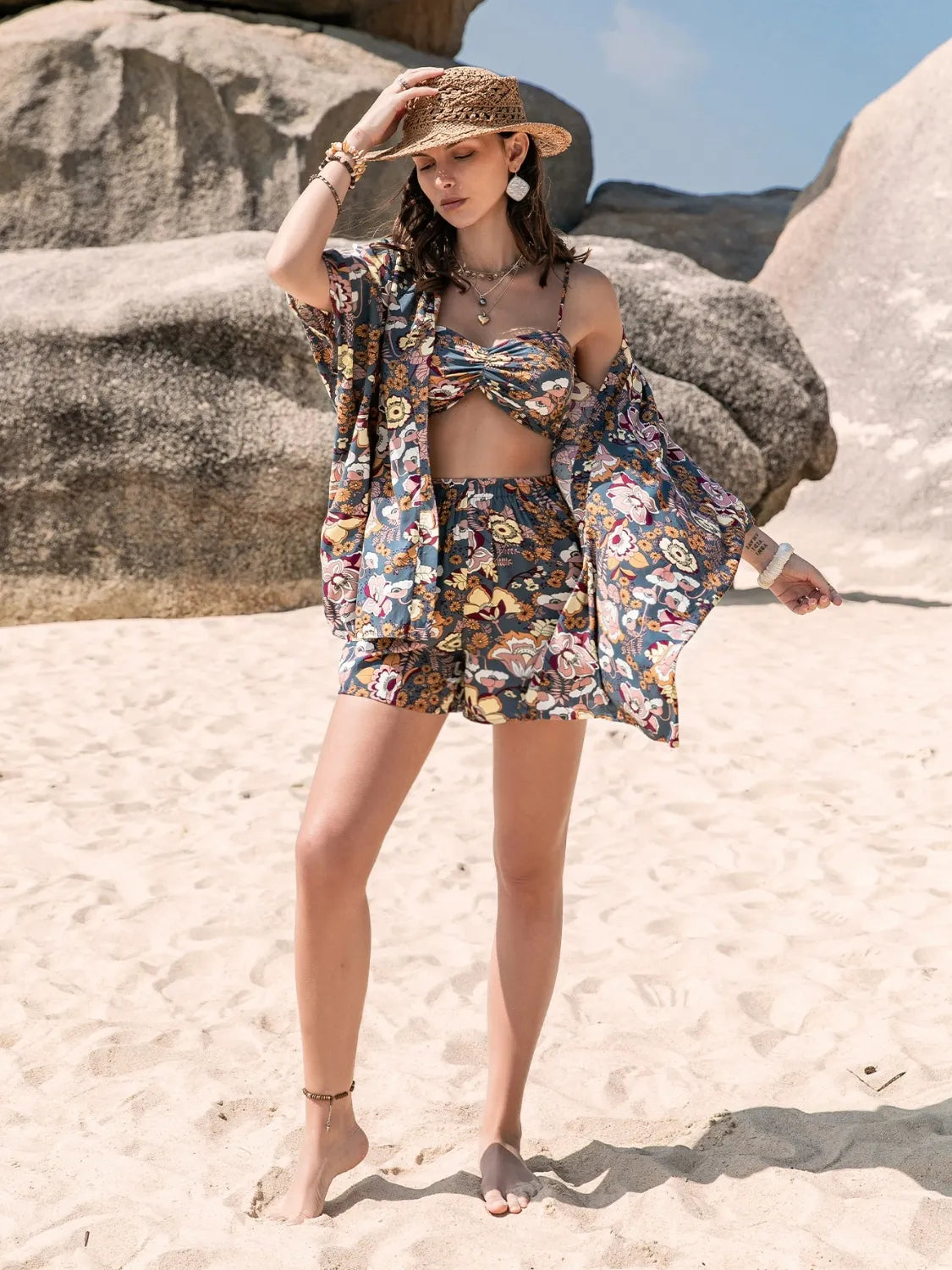 Printed Bra, Cover-Up and Shorts Set - Tigbul's Variety Fashion Shop