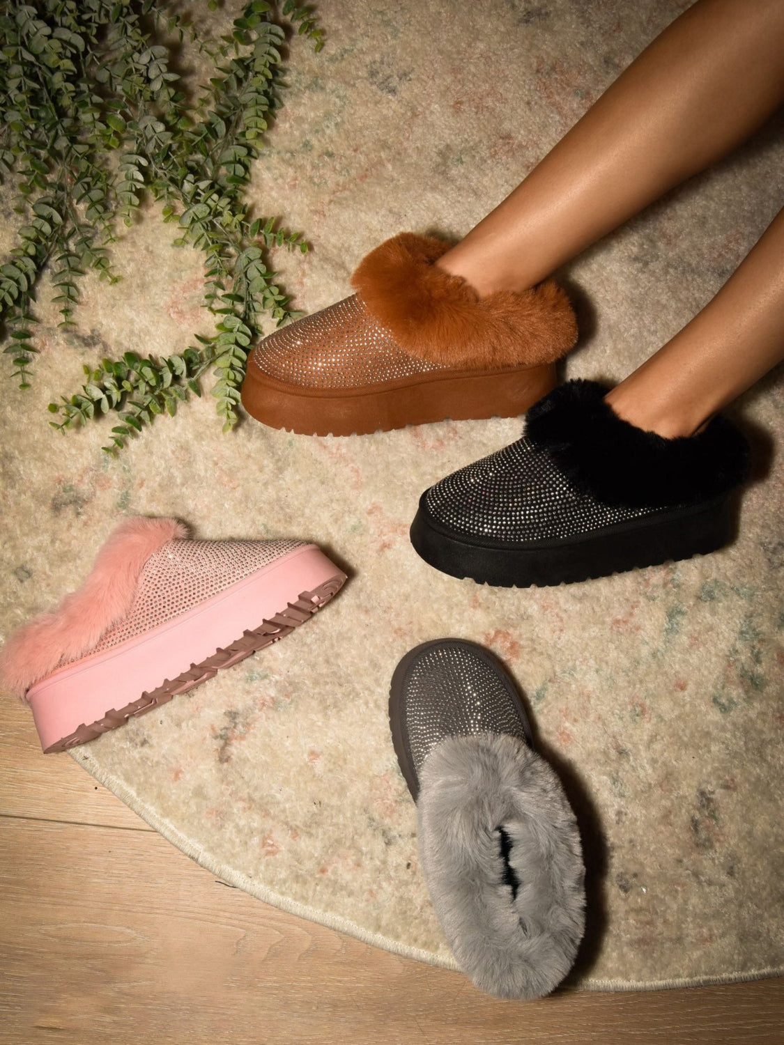 Gray Embellished Faux Fur Platform Booties - Tigbul's Variety Fashion Shop